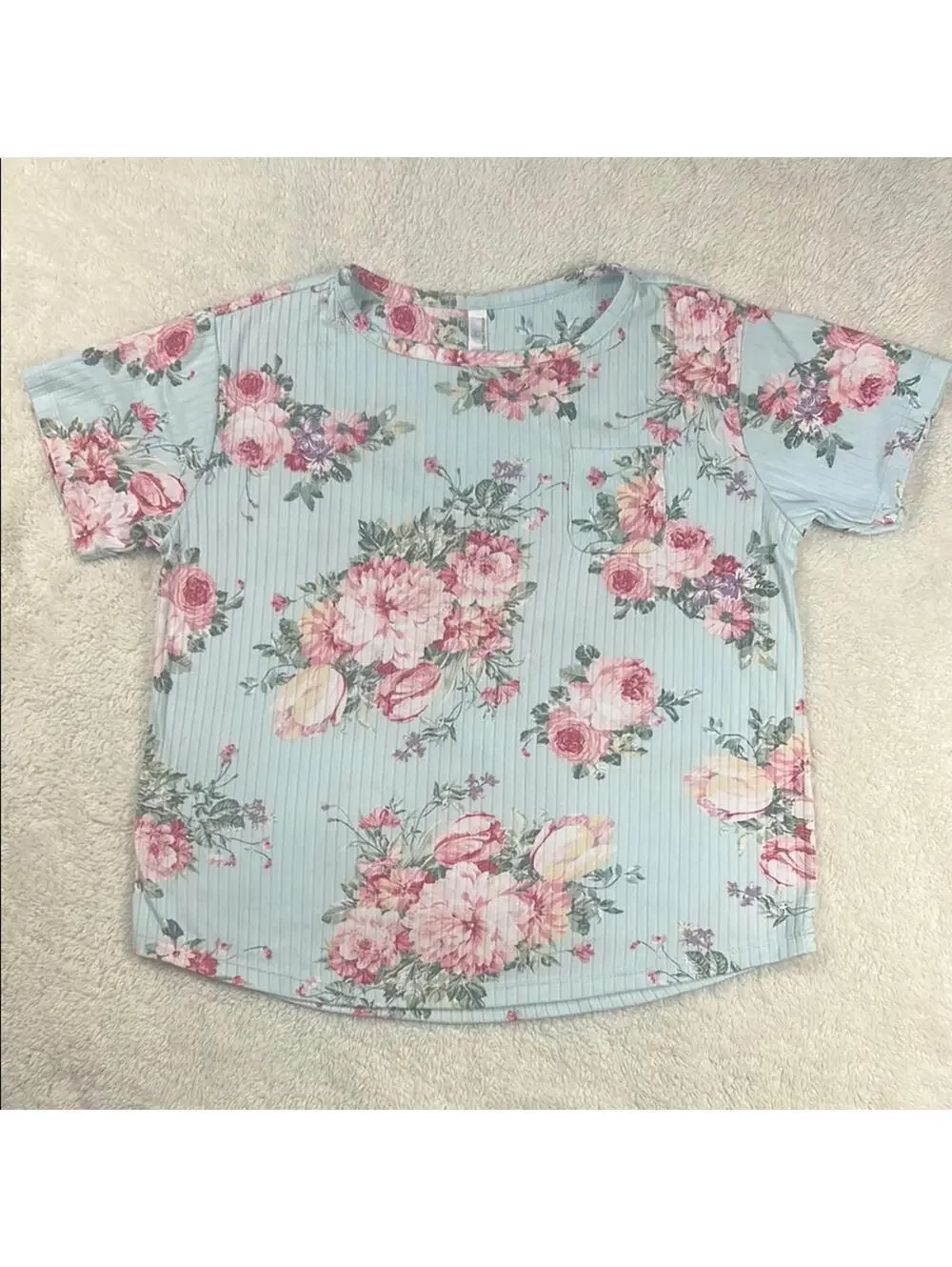 Flora Nikrooz Blue Floral Ribbed 2 Piece Pajama Set SZ Med Soft Lounge Sleepwear